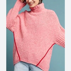 Anthropologie | Moth pink knit turtleneck sweater red trim bandana-style hem SP